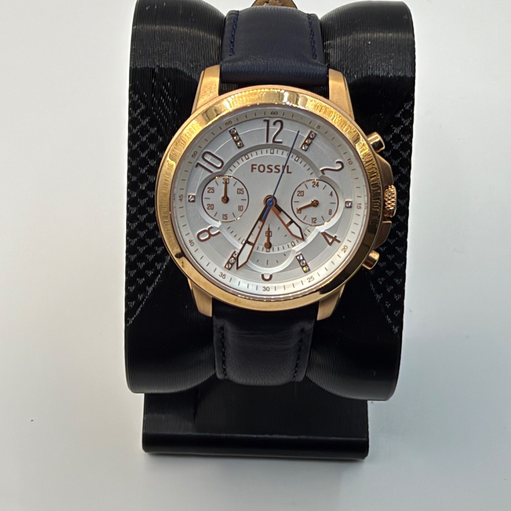 Fossil Chronograph Watch Womens Gwynn 38mm Blue Gold ES4040 Leather Elegant